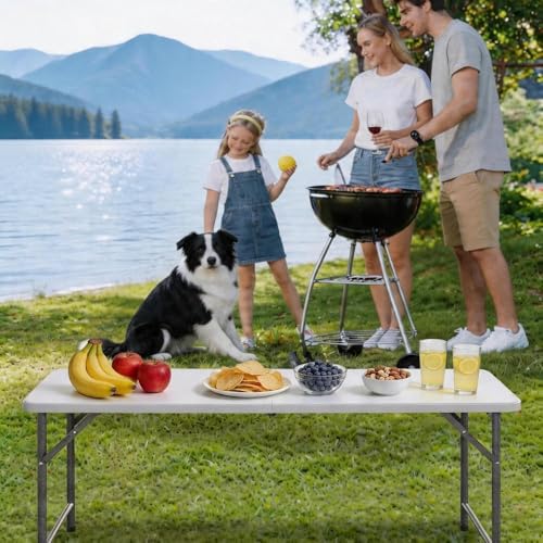 YITAHOME 6FT Folding Table, Outdoor Folding Table w/Heavy Duty HDPE Tabletop, Rectangle Folding Tables w/Portable Carrying Handle for Picnic, Parties, Camping & Indoor Activities, White - color: White