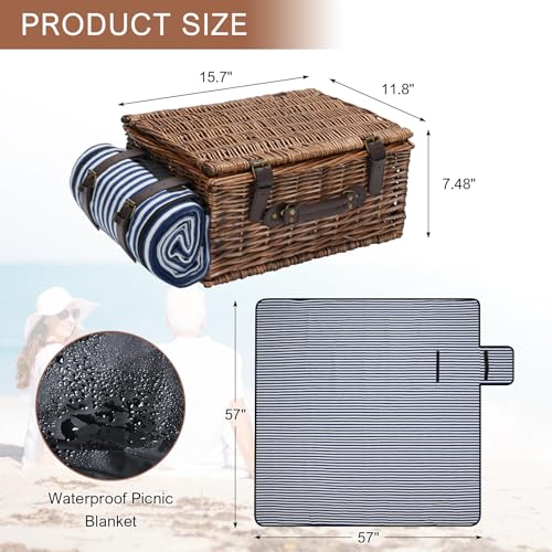 Picnic Basket for 2 Persons - Baskets with Cooler and Picnic Blanket, Classical Wicker Picnic Basket with Waterproof & Sand-Proof Beach Mat,Willow Hamper Service Set - size: 15.43" for 2 Persons with Cooler
