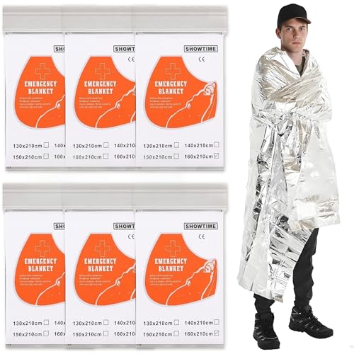 6 Pack Emergency Thermal Blankets for Survival, 82.67”x62.99” Extra Large Mylar Space Blankets, Waterproof & Windproof for Outdoor Camping, Hiking, Survival Kit, First Aid, Car Emergency