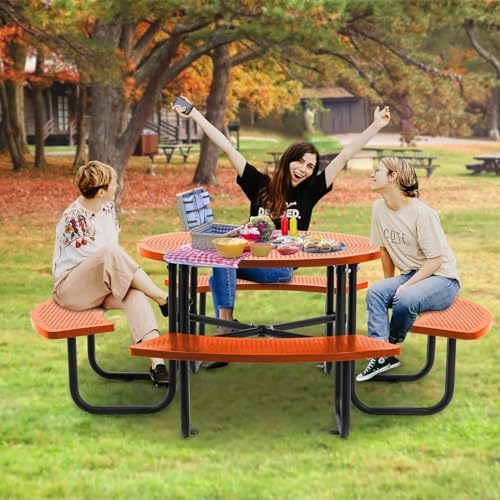 46-inch Orange Round Outdoor Picnic Table with Umbrella Hole Heavy Duty Coated Steel Metal Patio Dining Set for Garden, Courtyard, BBQ & Commercial Use - color: Orange-round