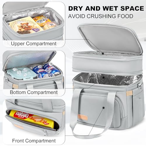 MAPLELILY Lunch Box for Men Women - Double Deck Insulated Lunch Bag, Large Leak Proof Tote Cooler, Wide Open Dual Compartment Lunch Bags with Shoulder Strap, For Work Picnic Hiking Beach, Grey - color: Gray