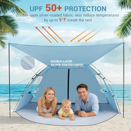 Elegear CumbreX™ Beach Tent Sun Shelter with Canopy, Pop Up Beach Tent, Easy Setup UPF 50+ UV Protection Portable Lightweight Double Silver Coating Beach Cabana Sun Shade Shelter 3 Person Sky Blue - color: Sky Blue, size: 3 Person