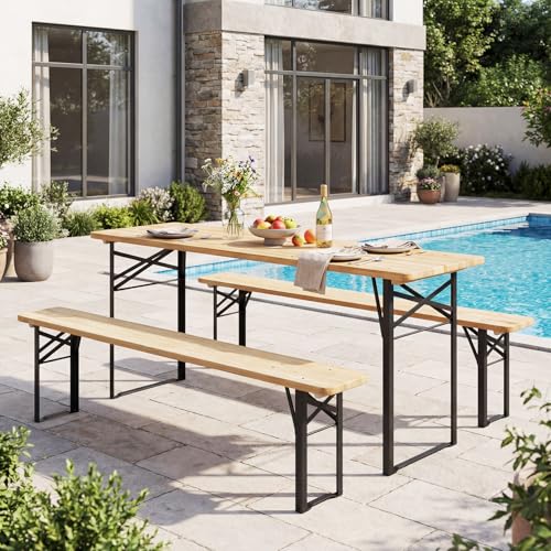 Giantex 3-Piece Folding Picnic Table with Benches Set, Solid Wood Camping Beer Table Bench Set with Metal Frame, Portable Patio Dining Furniture, Indoor & Outdoor Folding Table and Chairs for 4 (70'') - size: 70''