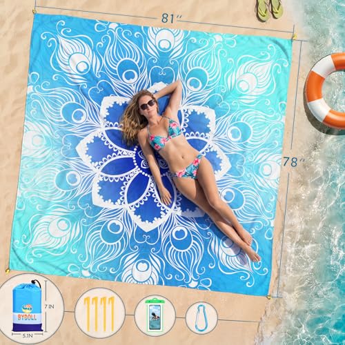 BYDOLL Beach Blanket Waterproof Sandproof Large Sand Free, 78''X81'' Oversized Sandless Lightweight Blanket Picnic Mat for Beach Travel Camping Hiking with Stakes - color: Floral Mandala, size: 78"X81"