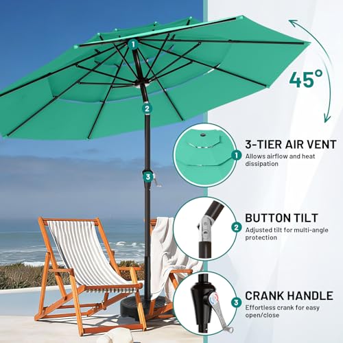 AreShark 9ft 3-Tier Patio Umbrellas, Outdoor Umbrella with 8 Sturdy Ribs UV Protection Windproof, Market Table Umbrella w/Push Button Tilt & Crank for Pool, Porch, Deck, Garden(Turquoise) - color: Turquoise