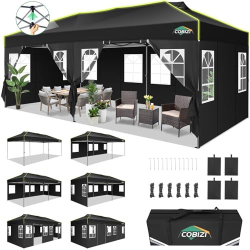 COBIZI 10x20 Pop Up Canopy Tent with 6 Removable Sidewalls, One Push Party Tent Outdoor Waterproof Event Canopy with Air Vent for Parties Commercial Wedding, 3 Height, Carry Bag, Sandbag, Black - color: Black, size: 10x20【with 6 sidewalls】