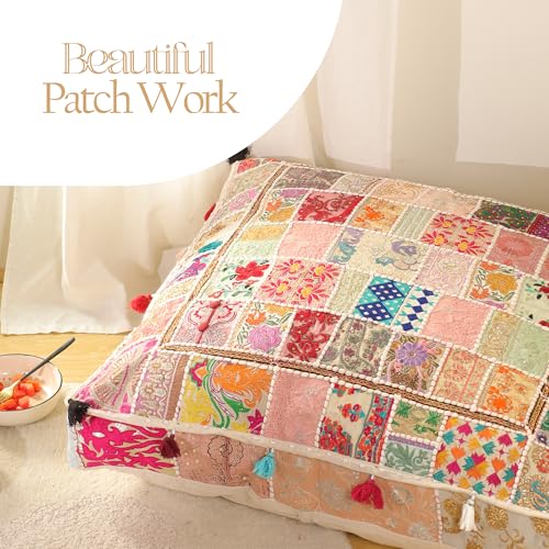 THE ART BOX Cotton Patchwork Vintage Boho Embroidered Floor Pillows & Cushion Cover Dog Pouf Seating Pouf Meditation Pillow Pet Bedding Cat Bed Boho Home Décor (35x35 Inches, Cover Only) - color: White