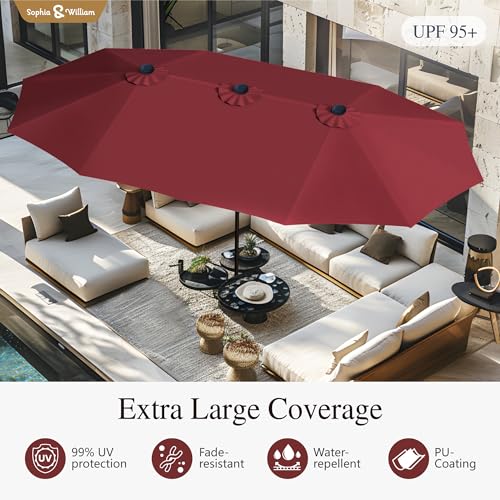 Sophia & William 15 ft Extra Large Patio Umbrella with Base Included, Rectangular Outdoor Umbrella Heavy Duty, Market Umbrella Double-sided Fade Resistant for Pool Garden Backyard, Burgundy - color: Burgundy