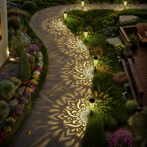 gardencave 6 Pack Solar Lights Outdoor Garden Decorative Mandala Solar Garden Lights with Warm Light Waterproof Solar Pathway Landscape Lights for Path Patio Backyard Walkway Yard Lawn Decor (Black) - color: Black