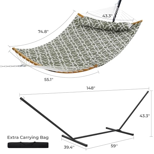 SUPERJARE Hammock with Stand, 2 Person Heavy Duty Hammock with Padded Cotton, Detachable Pillow & Strong Curved-Bar & Portable Carrying Bag, Perfect for Outdoor & Indoor, Grey with White Flower - color: Grey With White Flower