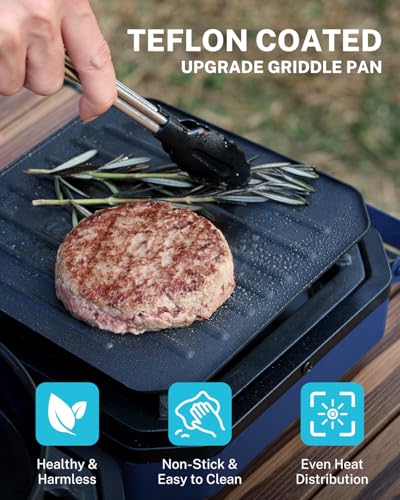 Gonex Camping Stove with 2 Burner Griddle & Grates, Portable Foldable Cooking Stove with Total 16,000 BTU, Two Piezo Ignition Adjustable Burners for Camping (Blue) - color: Blue