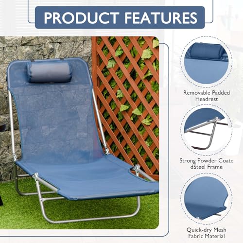 Majnesvon Folding Chaise Lounge Pool Chair, Patio Sun Tanning Chair, Outdoor Lounge Chair with 6-Position Reclining Back, Breathable Mesh Seat, and Headrest for Beach, Yard, Patio(Blue1) - color: Blue1