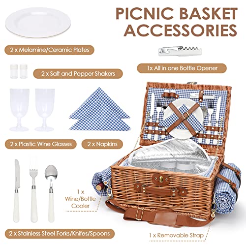 Picnic Baskets for 2, Picnic Basket with Waterproof Blanket, Picnic Basket Set with Washable Beach Mat & Large Insulated Cooler Compartment, Handmade Natural Wicker Hamper for Camping, Outdoor Party - style: BlueCheck-2P
