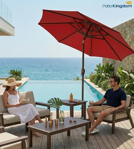 PatioKingdom 10FT Patio Umbrella with Push Button Tilt and Crank, Outdoor Market Umbrella with 8 Fiberglass Ribs, UV Protection Table Umbrella for Pool,Backyard,Garden,Deck - color: Red, size: 10FT