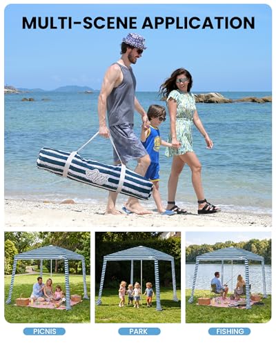 Qipi Beach Cabanas for Sand, Beach Canopy with Sandbags & Side Wall for Family, Easy Set Up Sun Shelter, UPF 50+ UV Protection with Roof Vent - color: 6.5' x 6.5' Sailor Stripes Dual-Fold