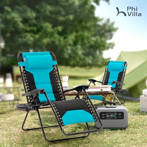 PHI VILLA Zero Gravity Chair Set of 2, Padded Anti Gravity Recliner, Oversized 28" Wide Seat, Foldable Patio Lounger with Armrest & Cup Holder, Supports 400 LBS (Aqua) - color: Aqua