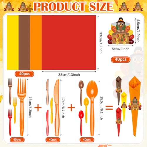 Roshtia 40 Set Pre Rolled Thanksgiving Plastic Silverware Set Disposable Dinnerware Essentials Cutlery Orange Brown 40 Napkins, 40 Knifes, 40 Spoons, 40 Forks, 40 Turkey Napkin Ring for Fall Parties