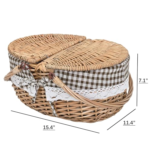 Wicker Picnic Basket with Lid and Handle Sturdy Woven Body with Washable Lining,Coffee Grids - color: Coffee Grids