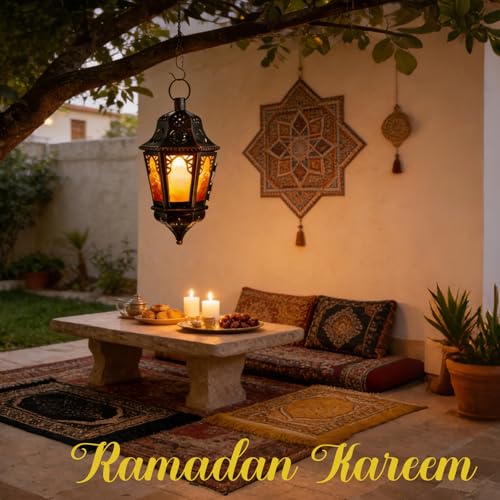 Ramadan Lantern Decorative Indoor & Outdoor, 13.6’’ Vintage Decorative Hanging Lanterns with Chian for Home Porch Patio Decor, Metal Christmas Moroccan Candle Holder Decorations (Amber) - color: Amber