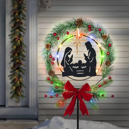 Solar Powered Nativity Scene,Hokfirm Christmas Yard Stakes Outdoor Christmas Decorations Garden Decor for Outside - color: Nativity-metal