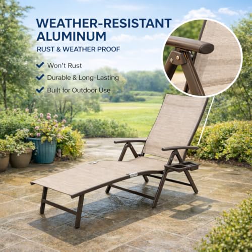 Kozyard Aluminum Outdoor Chaise Lounge Chair, Adjustable Reclining Patio Lounge with Drink Holder, Weather-Resistant Pool, Deck & Yard Recliner, Assemble-Free (1Pack, Beige) - color: Beige