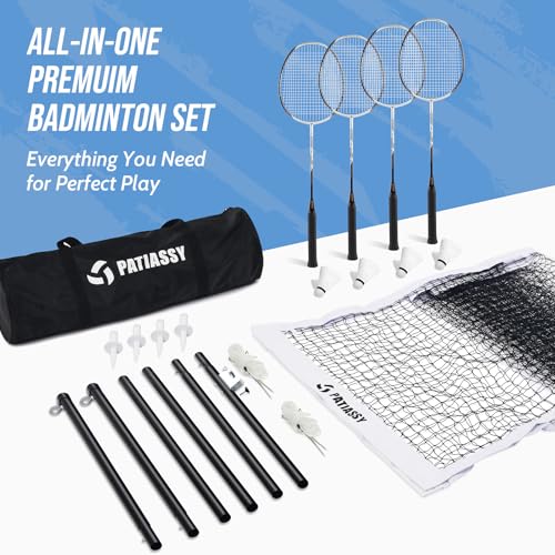Professional Badminton Set with Carbon Fiber Badminton Rackets Set of 4, Outdoor Portable Badminton Net with Anti-Sag Winch System, 4 Nylon Badminton Shuttlecocks and Bag - color: B-White