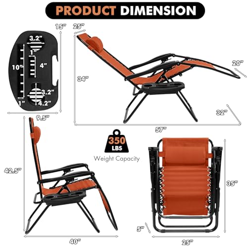Giantex Zero Gravity Reclining Chair, Outdoor Patio Recliner with Cup Holder & Removable Pillow, Adjustable Backrest, Indoor Lounge Chair for Backyard, Garden, Poolside (Orange) - color: Orange, size: 1 Count (Pack of 1)
