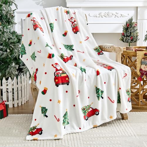 Edenleaf Christmas Blanket - White Holiday Throw with Santa Claus & Snowman - Warm Cozy Fleece Winter Blanket, 60x80 Inches，White - color: 04 Christmas White, size: Blanket-60"x80"