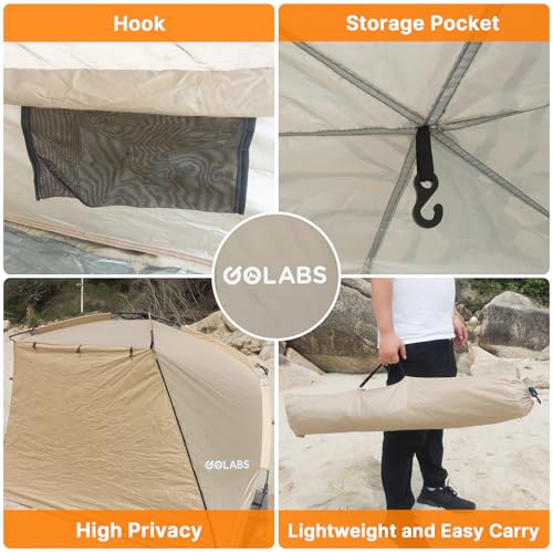Golabs BT1 Pop up Beach Tent Sun Shelter for 3-Person, 1-Minute Setup by Pre-Attached Pole & UPF 50+, Beach Shade with Detachable Floor Mat, Mesh for Clear View & Airflow, only 7 lbs & Pocket and Hook - color: CAMEL