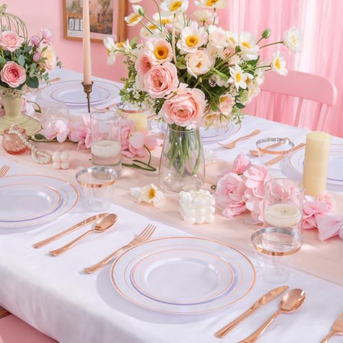 WELLIFE 300 PCS Rose Gold Dinnerware Set for 50 Guests, Valentine's Day Plate, 50 Dinner & Salad Plates,Cups, Forks Knives Spoons for Wedding Reception and Mothers Day Plates - color: Rose Gold, size: 50 Guests
