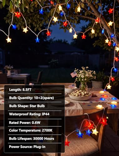8.5Ft Patriotic Red White Blue Star String Lights, 10 LED Plug in Connectable Fairy Lights for 4th of July Independence Day, Outdoor Waterproof Star Lights for Patio Garden Bedroom Holiday Party Decor - color: 10LED Star Lights