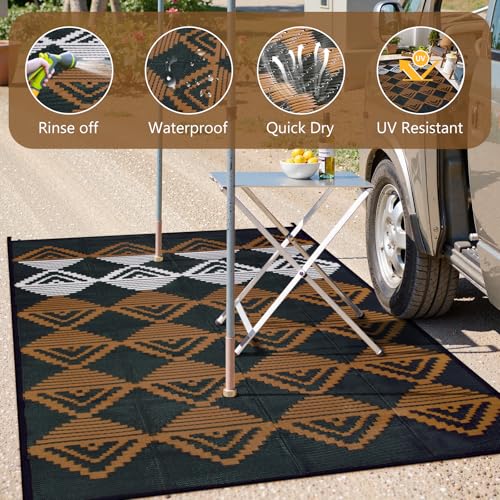 Lahome Waterproof Outdoor Patio Rug 9x12, Reversible Large Outdoor Rug for Patios, Camping Rugs for RV Backyard Deck Picnic Beach Trailer (Black/Brown, 9' x 12') - color: Black/Brown/Checkered, size: 9'x12'