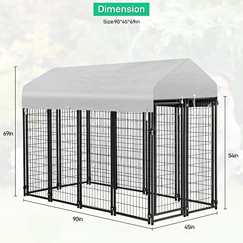 PayLessHere Welded Wire Dog Kennel Heavy Duty Playpen Included a Roof & Water-Resistant Cover Outdoor Heavy Duty Galvanized Metal Animal Pet Enclosure for Outside (8 x 4 x 6 Ft) - size: 94.0"L x 47.0"W x 71.0"H
