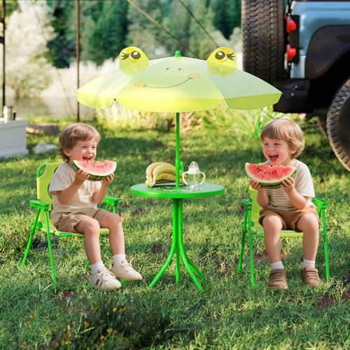 KOTEK Kids Picnic Table with Umbrella, Outdoor Table & 2 Folding Chairs, Cute Pattern Children’s Patio Furniture, Portable Kids Table and Chair Set for Backyard, Garden, Beach (Bright Green) - color: Bright Green Frog