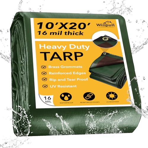 Winpull Tarp 10x20 Feet 16 Mil Heavy Duty Waterproof Tarp, Large Multipurpose Cover with Brass Grommets and Reinforced Edges, UV Resistant Thick Poly Tarps for Outdoor Camping Tent Pool Car, Green - color: Green/Brown-16mil, size: 10' x 20'