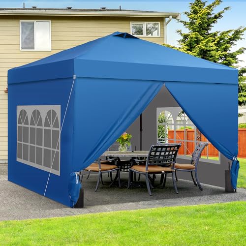 GDY 10x10 Pop Up Canopy Tent with 4 Sidewalls, Easy Set up with One Push Lift Outdoor Silver Coated Beach Gazebos, Carpas with 4 Sandbags, for Events, Parties, and Camping, Navy Blue. - color: Blue, size: 10x10 with 4 Sidewall