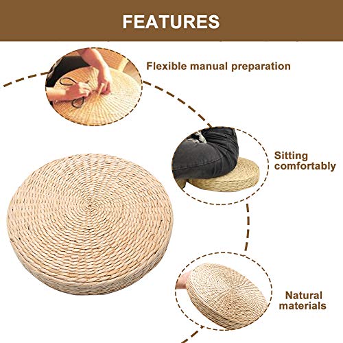 Natural Woven Grass Cushion - Pillow Floor Mat - Round Braided Pad - Handmade Straw Woven Rush Yoga Mat - Flat Seat Cushion for Garden Dining Room Living Room Home Decor(Beige)