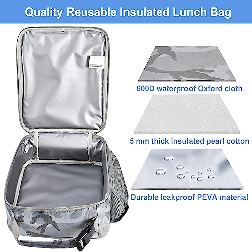 Insulated Lunch Bag, Leakproof Portable Lunch Box for Women Men Boys Girls, Large Capacity Cooler Bag for Office School Camping Hiking Outdoor Beach Picnic (Camo Grey) - color: Camo Grey