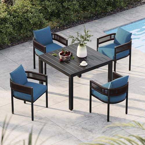 Grand patio 5-Piece Outdoor Dining Set for 4 with 1 Rectangle Expandable Table for 4-6 Person, Metal Woven Wicker Fixed Patio Chairs with Thickened Cushions for Yard, Poolside (Brown) - color: Brown, size: 5PCS