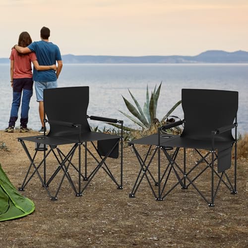 Goplus Oversized Camping Chair with Side Table, Folding Heavy-Duty Picnic Chair w/ 2 Storage Pockets, Cup Holder, Padded Armrests, Carrying Bag, Portable Outdoor Chair for Fishing RV Trip (Black,1) - color: Black