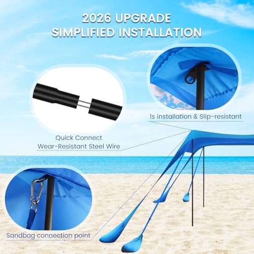 besuhot Beach Tent Sun Shelter 10x10FT Beach Shade Canopy with 8 Sandbags, UPF 50+ Protection Beach Shade Canopy, Outdoor Tent for Beach Camping Trips, Fishing, Backyard（Light Blue） - color: Light blue