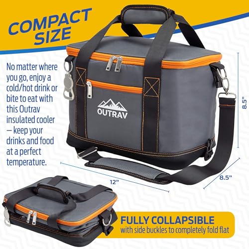 Collapsible Insulated Cooler Bag – 6L Thermal Lunch Bag with Bottle Opener, 16 Can Capacity – Perfect For Camping, Picnics and Travel - Handles and Removable Shoulder Strap - By Outrav - color: Grey with Orange Trim