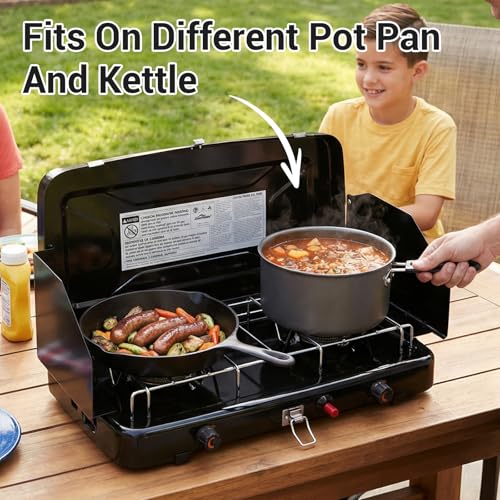 FineFlame Camping Stove, Propane Portable Camp Stove with Regulator, Push-Button Instant Ignition, Adjustable Burners & Wind Guards for Car BBQ Picnics Outdoor Camping Cooking (13000BTU-2 Burners) - color: BLACK-13000BTU-2 Burners