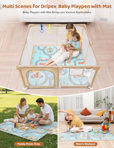 Dripex Baby Playpen with Mat, 47"x47" Play Pen for Toddlers 1-3 Years, Soft Breathable Visible Mesh, Indoor/Outdoor Portable Play Yard with Mat, Safe Baby Fence Play Area, Beige - color: Beige, size: 47"×47" with Mat