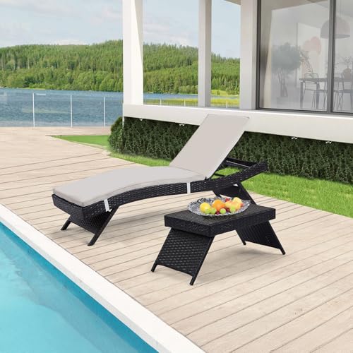 Outdoor Chaise Lounge Chair + Coffee Table Set of 2 with Detachable Cushions, Pool Sunbathing Recliners PE Rattan Patio Loungers Wicker for Outside Porch Backyard Poolside Deck Porch - color: 1 Chair + 1 Cushion + 1 Table