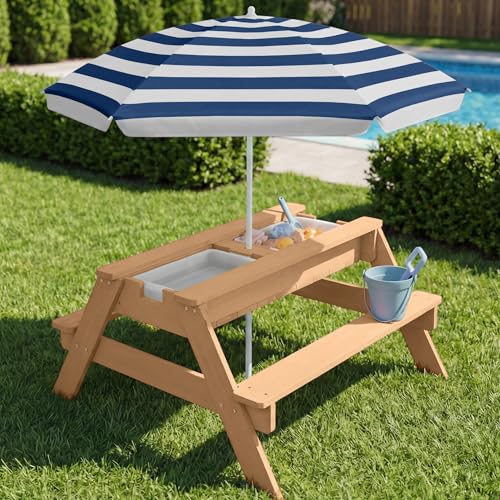 Best Choice Products Kids Picnic Table with Umbrella, 3-in-1 Sand & Water Table, Outdoor Convertible Picnic Table for Toddlers, Seats 4, Removable Top, 2 Buckets - Navy - color: Navy