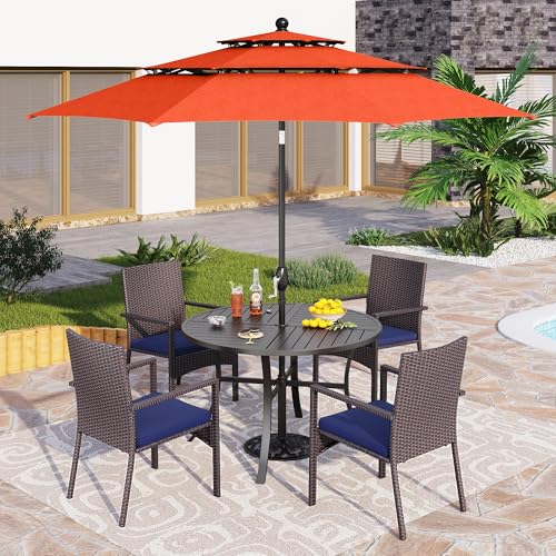 PHI VILLA 5 Pieces Outdoor Dining Set with Umbrella for 4, Round Metal Iron Dining Table & Wicker Chairs with Cushions & Large Red Umbrella, Morden Dining Furniture for Patio, Deck, Yard, Porch - color: Red, size: 5PCS 42" Round Table
