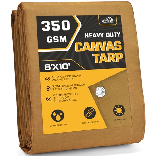 Winpull Heavy Duty Canvas Tarp 8x10 ft, 12oz (350 GSM) Polyester Canvas Water-Resistant Tarp with Rustproof Grommets, Tear-Resistant Outdoor Cover for Wood Piles, Camping, Trailer & Equipment - color: Tan, size: 8'x10'