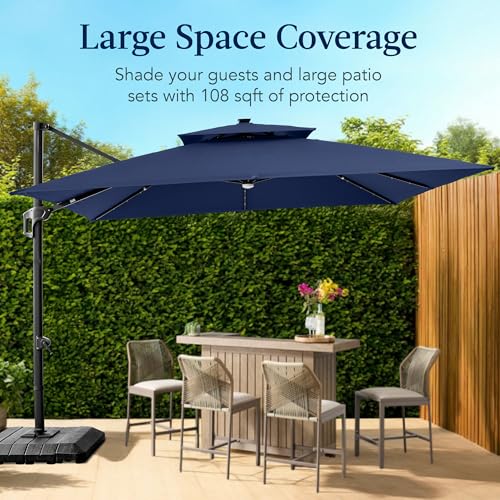 Best Choice Products 9x12ft LED Cantilever Patio Umbrella w/Base Included & 360° Rotation, Large Solar Offset Hanging Outdoor Sun Shade for Deck, Backyard Table w/Stand & Lights – Navy Blue - color: Navy Blue, size: 9x12ft