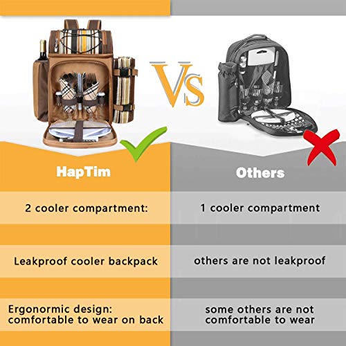 Hap Tim Picnic Basket Backpack for 2 Person with 2 Insulated Cooler Compartment, Wine Holder, Fleece Blanket, Cutlery Set, Wedding Gifts for Couples, Bridal Shower Gifts, Engagement Gifts - color: Brown, size: 2 Person